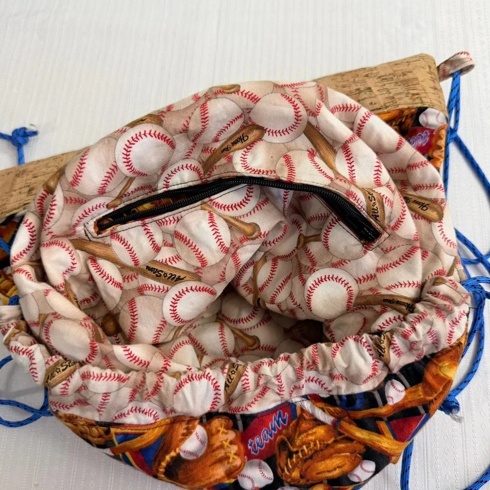 Handmade Womens Baseball Mom Print Drawstring Backpack Cork Detail Sporty Game